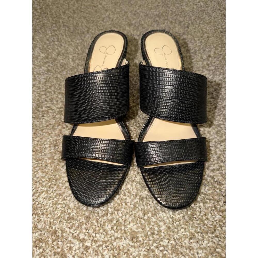 JESSICA SIMPSON WEDGE SANDAL SIZE 8M BLACK LEATHER W/BEIGE INSOLE